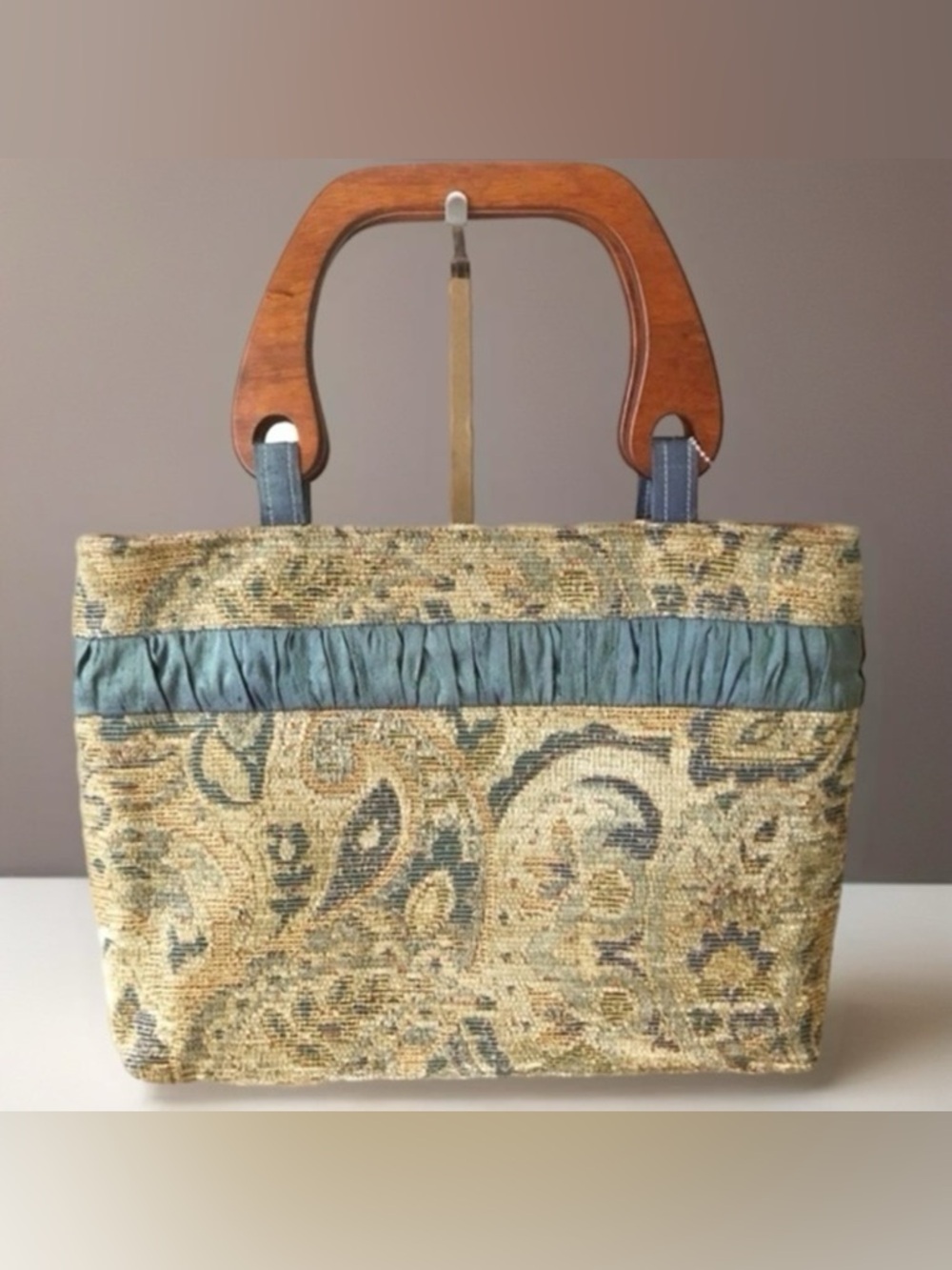 Vintage Tapestry Tote Carved Wooden Handles Grandmillennial Shabby Chic Coastal